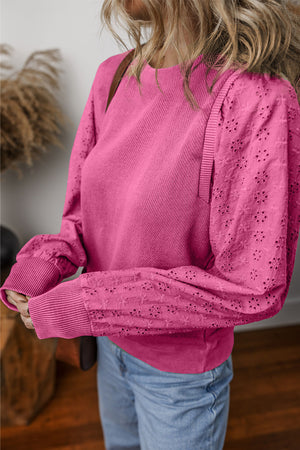 Bright Pink Eyelet Embroidered Sleeve Patchwork Ribbed Sweatshirt