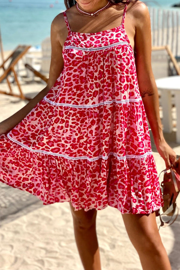 Rose Leopard Print Lace Trim Flared Mini Sundress