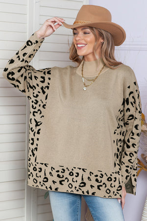 Gray Leopard Casual Side Slit High Neck Oversized Sweater