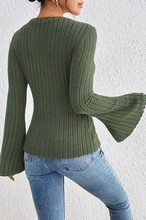 Vineyard Green Plain Ribbed Bell Sleeve Top