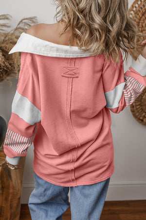 Pale Chestnut Striped Patchwork Collar Sweatshirt