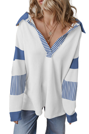 Pale Chestnut Striped Patchwork Collar Sweatshirt