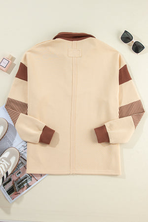 Pale Chestnut Striped Patchwork Collar Sweatshirt