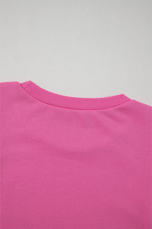 Bright Pink Eyelet Embroidered Sleeve Patchwork Ribbed Sweatshirt