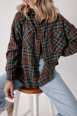 Women Plaid Print Pockets Buttoned Shirt Jacket