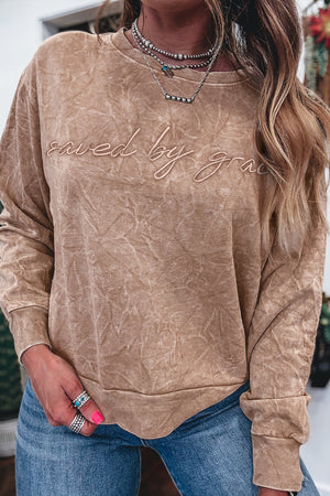 Real Teal saved by grace Letter Embroidery Mineral Wash Loose Sweatshirt