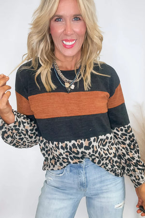 Black Leopard Colorblock Round Neck Top