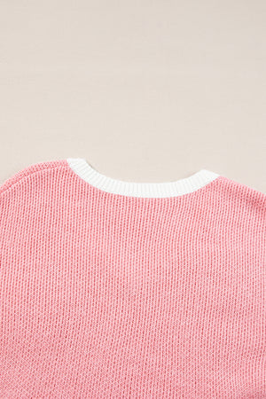 Pink Floral Patched Contrast Trim V Neck Sweater