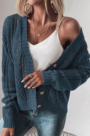 Black Hollow Knit Drop Shoulder Cardigan