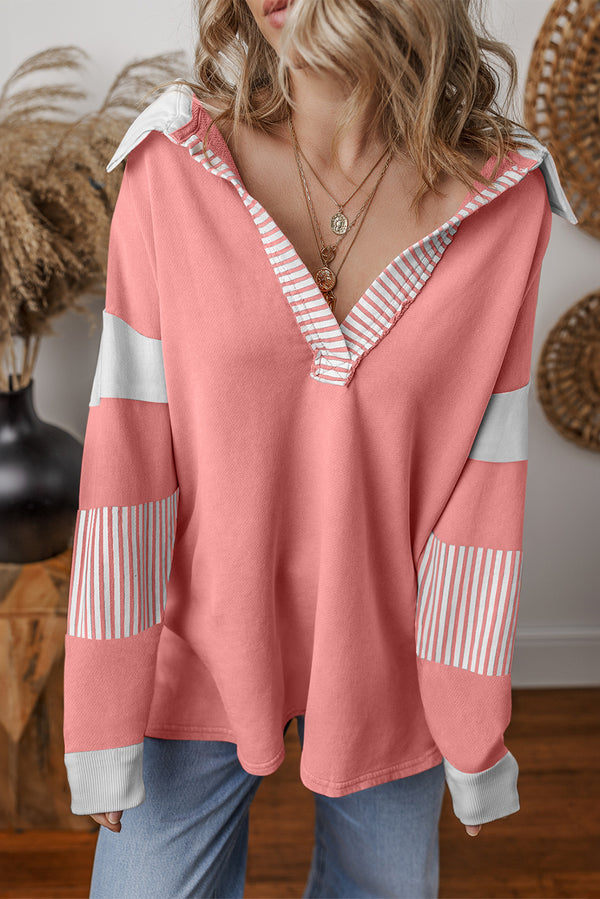 Pale Chestnut Striped Patchwork Collar Sweatshirt