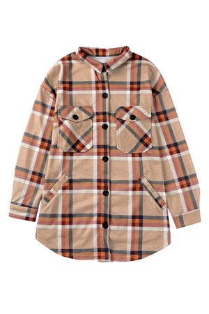 Khaki Plaid Casual Pockets Buttoned Shacket