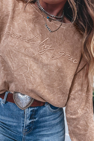 Real Teal saved by grace Letter Embroidery Mineral Wash Loose Sweatshirt