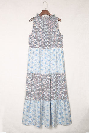 Light Blue Patchwork Sleeveless V Neck Summer Tiered Dress