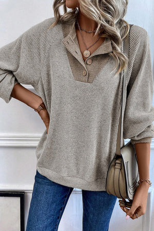 Light Grey Contrast Ribbed Loose Fit Henley Top