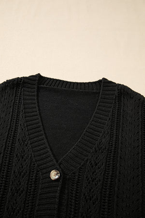 Black Hollow Knit Drop Shoulder Cardigan