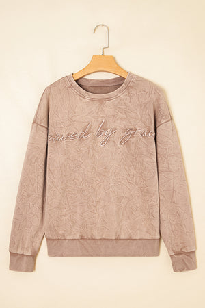 Real Teal saved by grace Letter Embroidery Mineral Wash Loose Sweatshirt