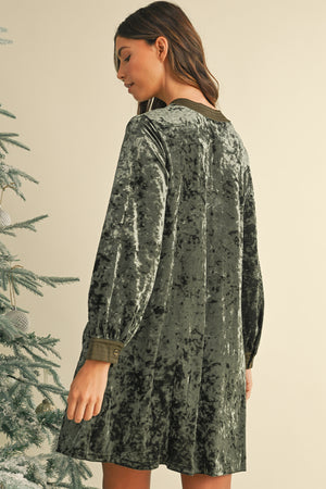 Jungle Green V Neck Pockets Loose Velvet Dress