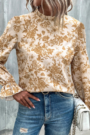 Floral Print Mock Neck Flounce Sleeve Blouse