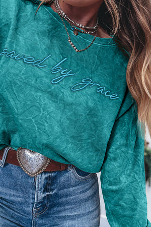 Real Teal saved by grace Letter Embroidery Mineral Wash Loose Sweatshirt