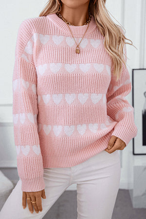 Light Pink Heart Print Round Neck Casual Knit Sweater