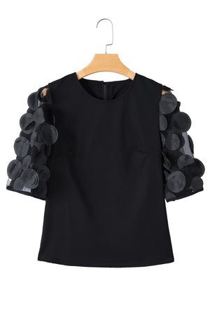 Black Applique Mesh Keyhole Back Splicing Sleeve Blouse