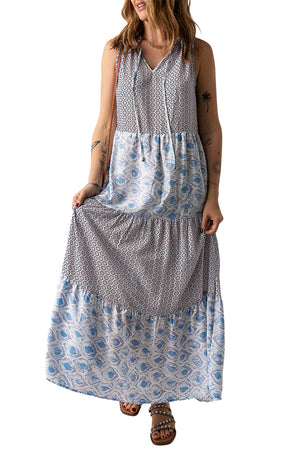 Light Blue Patchwork Sleeveless V Neck Summer Tiered Dress