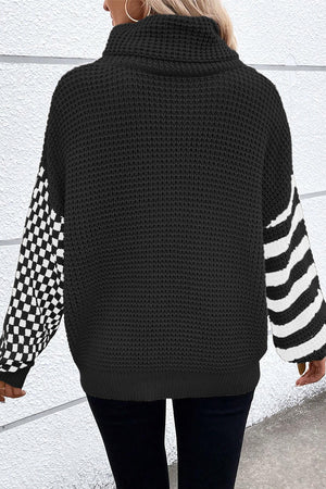 Smoke Gray Striped Plaid Patchwork Waffle Knit Turtleneck Sweater