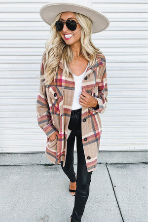 Khaki Plaid Casual Pockets Buttoned Shacket