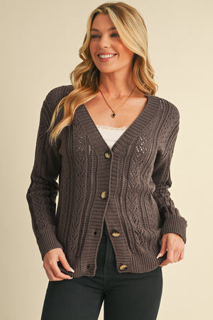 Black Hollow Knit Drop Shoulder Cardigan