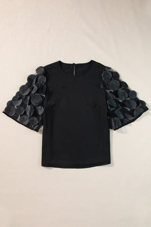 Black Applique Mesh Keyhole Back Splicing Sleeve Blouse