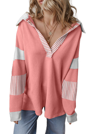 Pale Chestnut Striped Patchwork Collar Sweatshirt