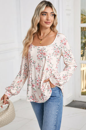 Pink Floral Print Pleated U Neck Loose Fit Blouse