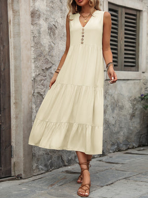 Decorative Button Notched Sleeveless Dress