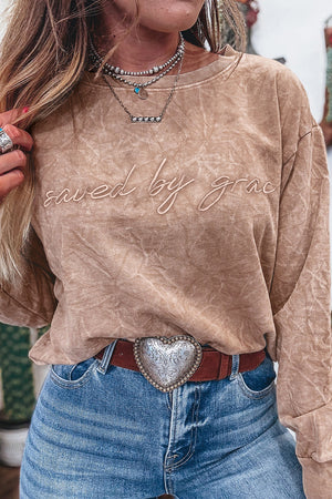 Real Teal saved by grace Letter Embroidery Mineral Wash Loose Sweatshirt