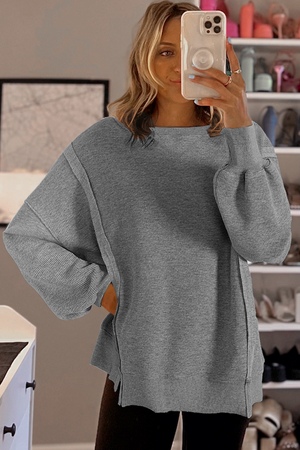 Gray Knit Bishop Sleeve Split Oversized Sweatshirt