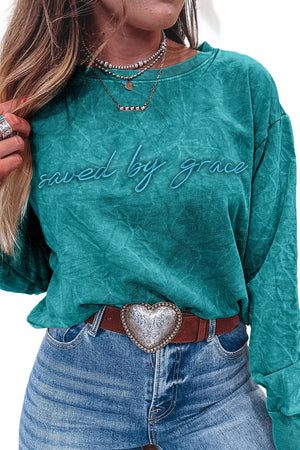 Real Teal saved by grace Letter Embroidery Mineral Wash Loose Sweatshirt