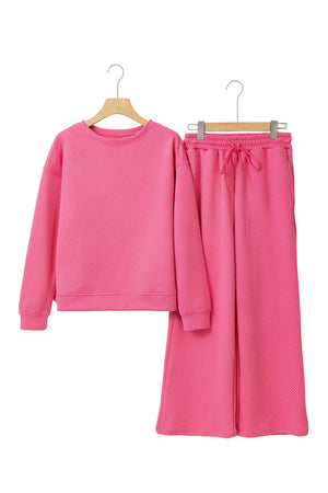 Strawberry Pink Textured Loose Slouchy Long Sleeve Top and Pants Set