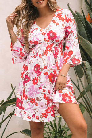 White Floral Print V Neck Flutter Half Sleeve Empire Waist Dress