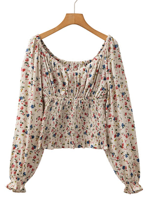 Beige Boho Floral Print Smocked V Neck Peplum Blouse