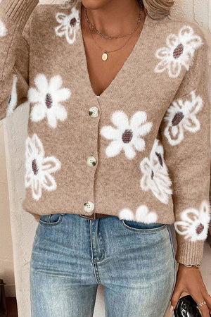 Light Grey Floral Print V Neck Knitted Button Up Cardigan