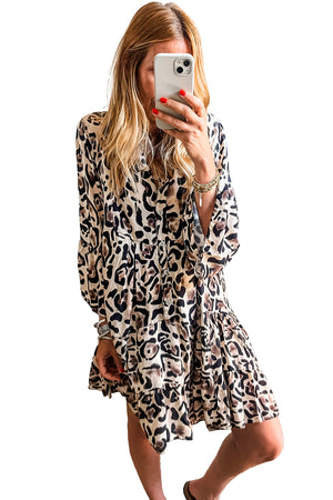 Black Leopard Button V Neck Flowy Mini Dress