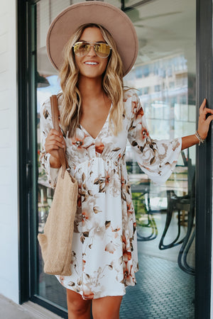 White Floral Print V Neck Flutter Half Sleeve Empire Waist Dress