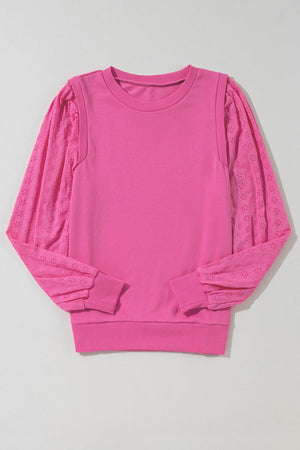 Bright Pink Eyelet Embroidered Sleeve Patchwork Ribbed Sweatshirt