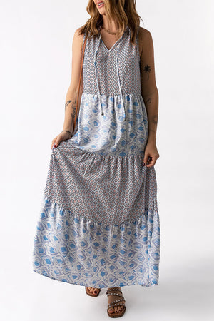 Light Blue Patchwork Sleeveless V Neck Summer Tiered Dress