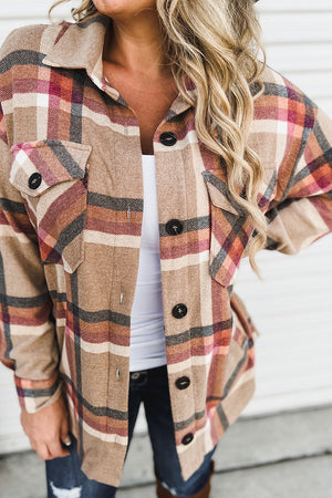 Khaki Plaid Casual Pockets Buttoned Shacket