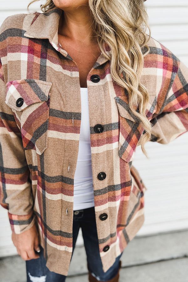 Khaki Plaid Casual Pockets Buttoned Shacket