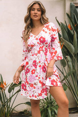 White Floral Print V Neck Flutter Half Sleeve Empire Waist Dress