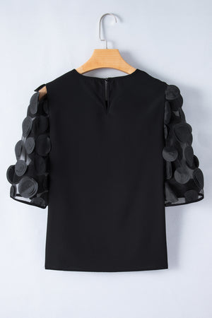 Black Applique Mesh Keyhole Back Splicing Sleeve Blouse