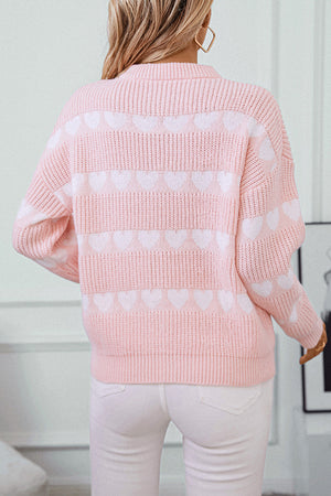 Light Pink Heart Print Round Neck Casual Knit Sweater