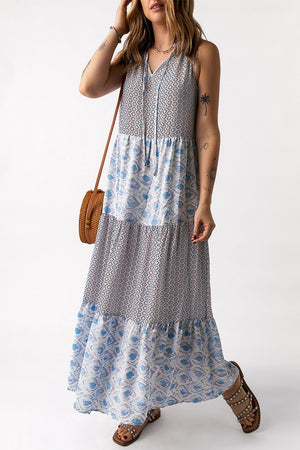 Light Blue Patchwork Sleeveless V Neck Summer Tiered Dress